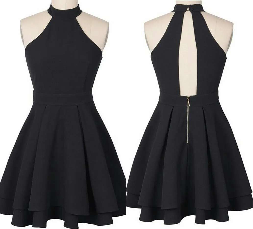 Elastic Silk like Satin Sexy Short Summer Party Dresses Mini Black Cocktail Dress Halter Zipper Back Pleats Cheap