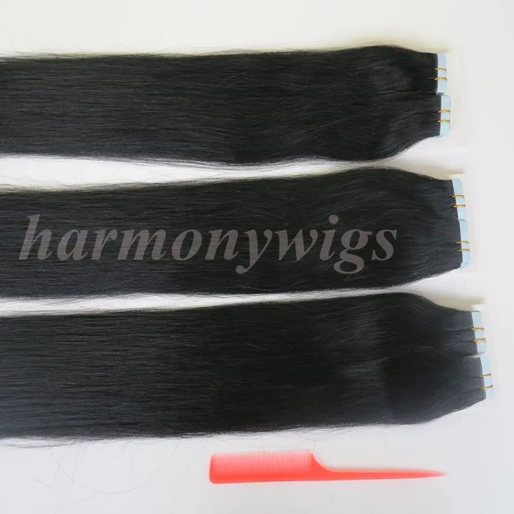 Qualidade superior 100g / fita em extensões de cabelo cola pele trama brasileira cabelo humano indiano 18 20 22 24inch # 1 / Jet Black