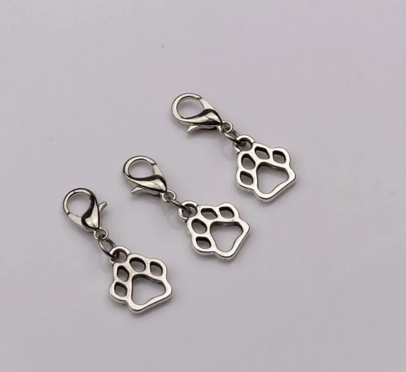 Hollow Dog Paw Floating Lobster Clasps Charm Pendants Jewelry Making DIY Handmade Craft 11x27mm Antique Silver