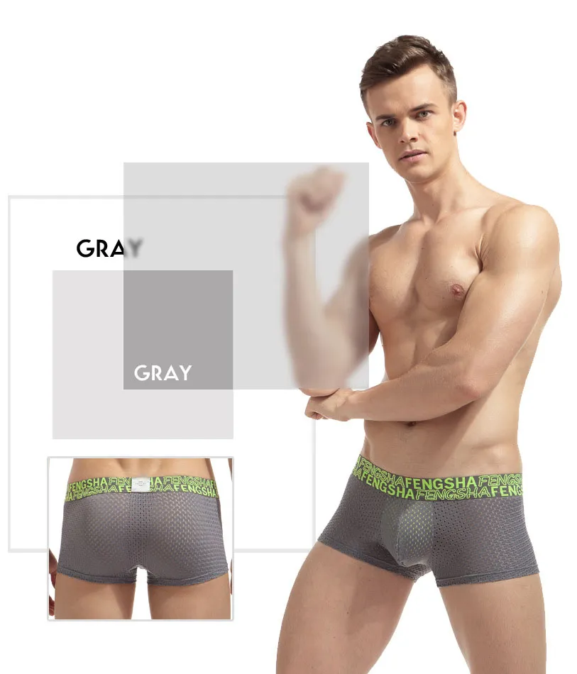 Män Boxers Shorts Underbyxor Mesh Hole Slips Låg Midja Sexig Mens Nylon Andningsbar Snabb Torkt Tyg U-Konvex Påse Ungdom BoxersHorts Underkläder