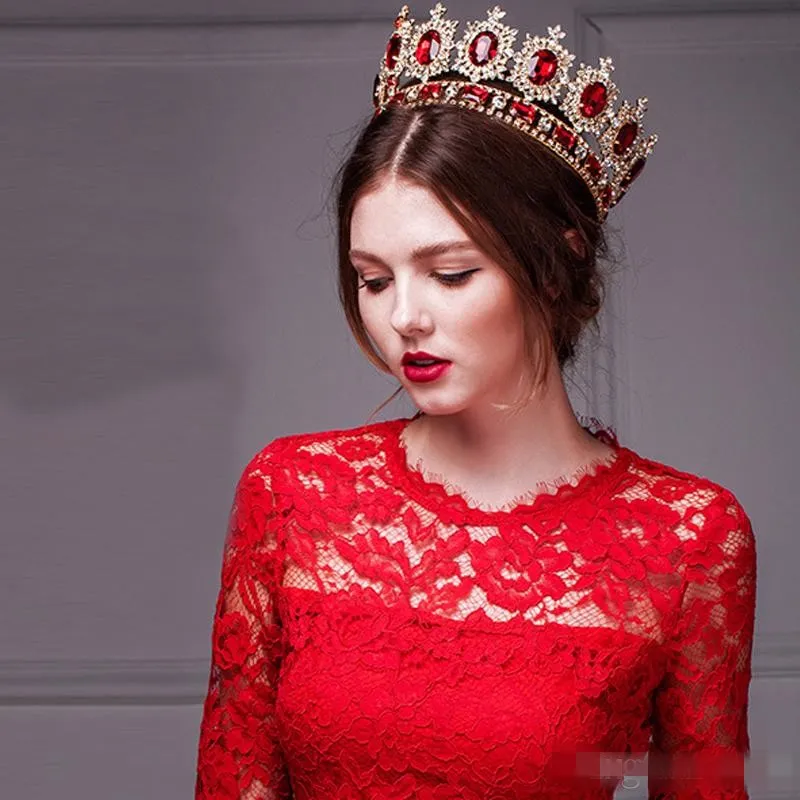 Western Style Kırmızı Dimand Kristal Kafa Takı Prenses Kraliçe Düğün Partisi Saç Accessoradwear Barok Bridal Crown Tiaras ve Cro314Q