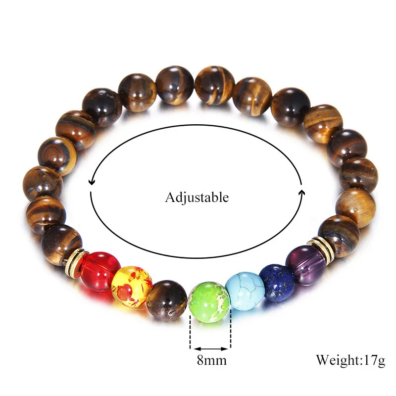 5 Bracciale con perline stile Occhi di tigre Pietra blu marrone 7 Chakra Healing Balance Beads Bracciale Yoga Life Energy Gioielli uomo Donna D149S