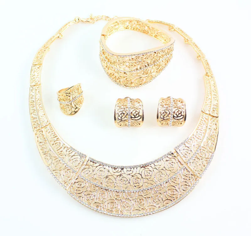 Classic Design Woman 18K Gold Plated Crystal Africa Dubai Wedding Party Necklace Earrings Bracelet Ring Gift Jewelry Set