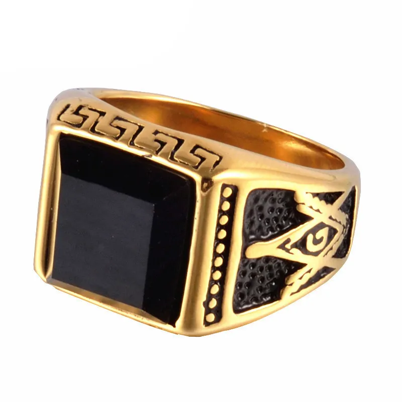 Men Punk Titanium Steel Ring Vintage Jewelry Carved Geometric Hipsters Onyx Stones Masonic Accessories Gold Size 8-11