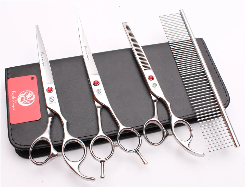 4PCS SURS 7 "JP 440C Lila Dragon Professional Hair Hairdressing Saxkam + Skärare + Tunna Sax + Up Curved Shears Z3002