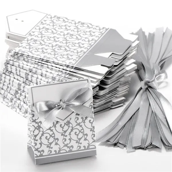 Ribbon Wedding Candy Paper Box Creative Golden Silver Ribbon Wedding Favours Party Gift Candy Paper Box Boxes Candies Favou266P