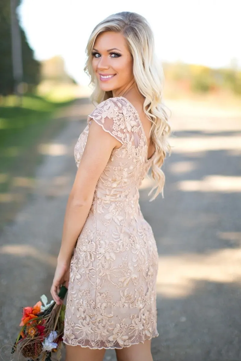 2019 Sheath Bridesmaid Dress V-Neck Short Sleeve Corduroy Lace Champagne  Short Mini Wedding Guest Dress from Dhgate Bridesmaid Dress - price 77.79