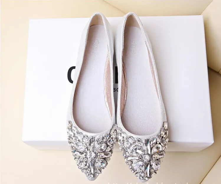 full size Stock 2016 pink champagne wedding shoes silver pointed toe beads crystals bridal shoes special shoes prom girls flats BO252t