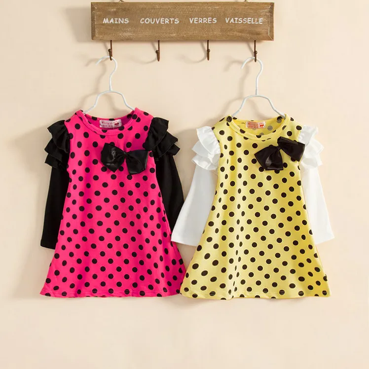 New Arrival Baby Długim Rękawem Polka Dots Sukienki Dla Dziewczyn Princess Bowknot Długa Dress Party Vestidos