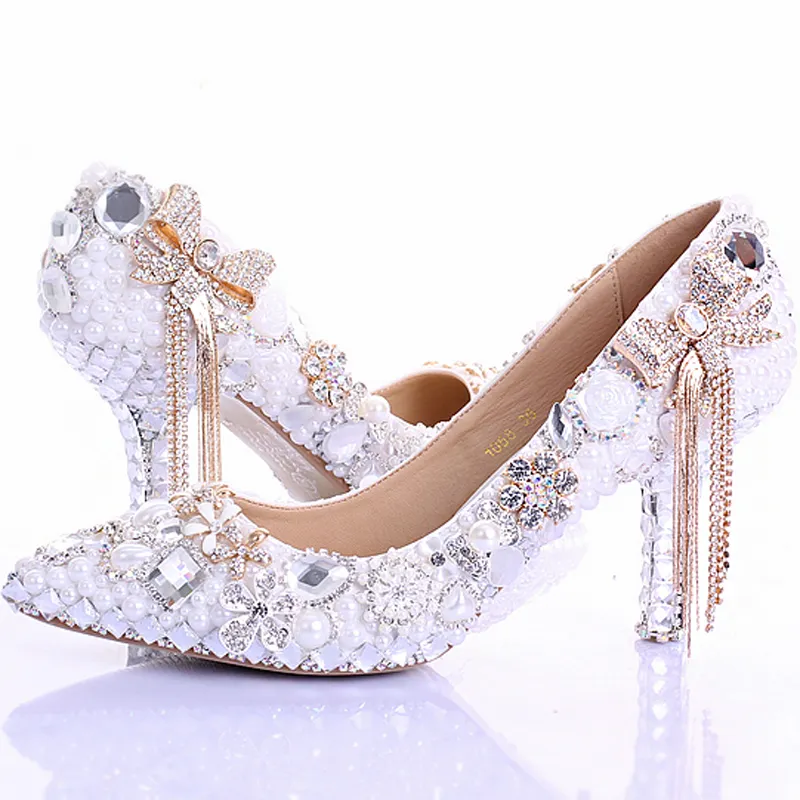 2019 Spiczaste Toe High Heels New Arrival White Pearl Wedding Buty Matka Bride Buty Rhinestone Wygodne buty