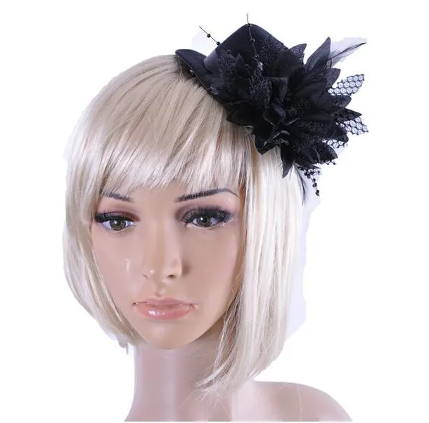 Fashion Lady's Mini Hat Hair Clip Feather Rose Top Cap Lace fascinator Costume Accessory The bride headdress Plumed Hat 