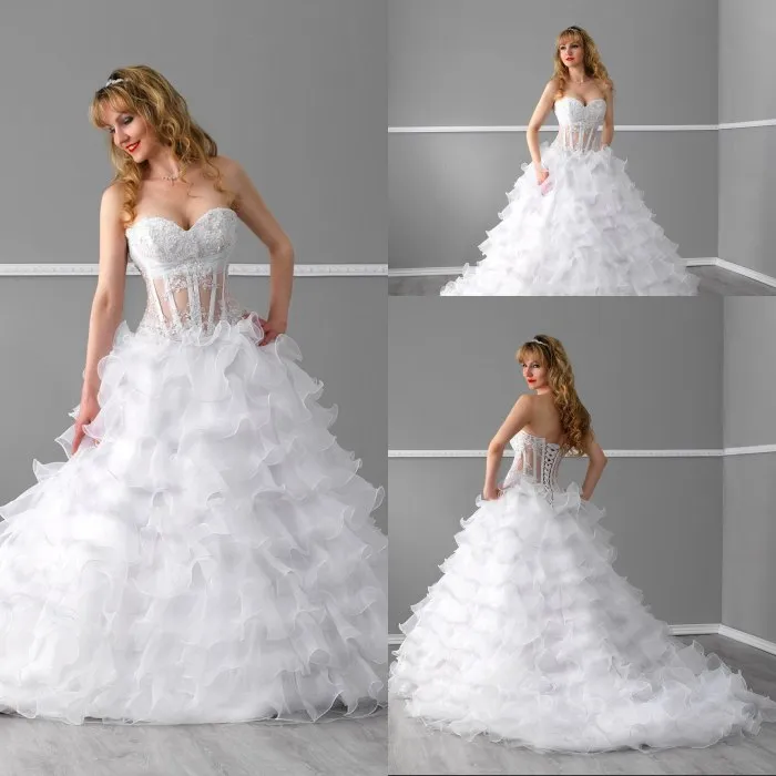 Suknie ślubne 2015 A Linia Sweetheart Chapel Train White Losed Organza Koronki Suknie ślubne Bridal Illusion Top Gorset