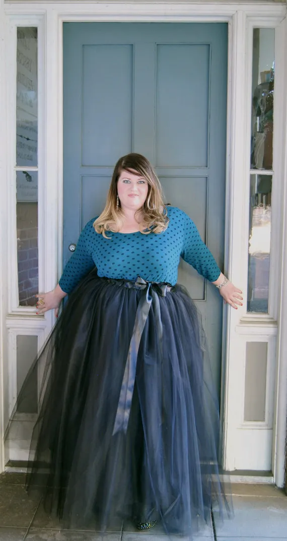 Plus size vloer lengte volwassen tule tutu rok met satijnen lint sjerp aanpassen party rokken 2016 lange tule rok