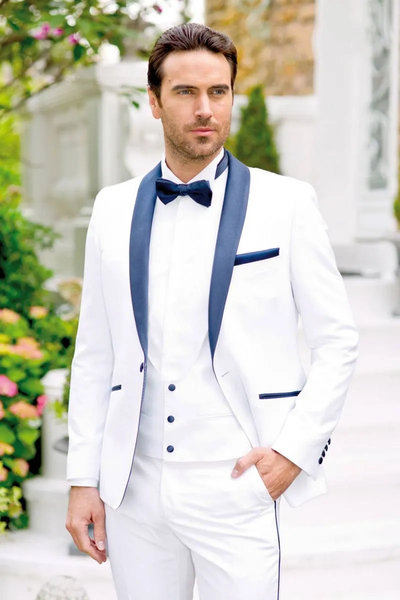 New Arrival White Tuxedos Slim Fit Mens Wedding Garnitury One Button Groom Nosić Peaked Lapel Garnitur Formalny (Kurtka + Spodnie + Kamizelka)
