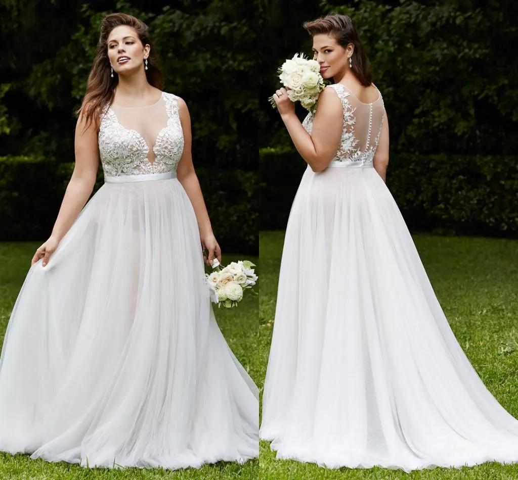 Abiti da sposa taglie forti Una linea girocollo Scollo trasparente con bottoni ricoperti Appliques Abiti da sposa Abito da sposa primaverile Volant in chiffon