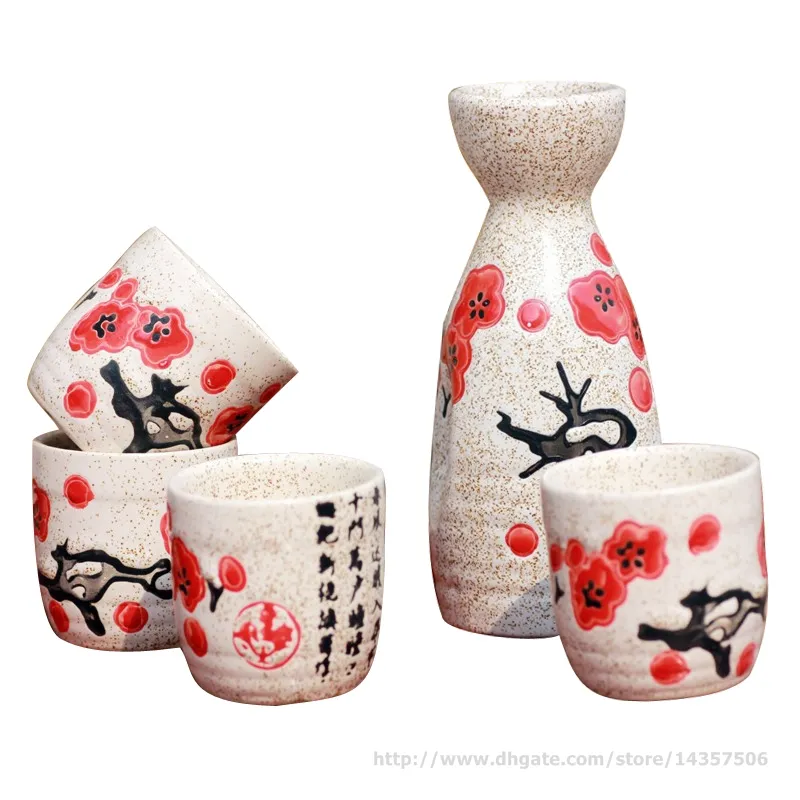Service à Saké Japonais 5 Pièces - Céramique Peinte Main Fleurs De Cerisier | Bouteille + 4 Tasses | Liwein