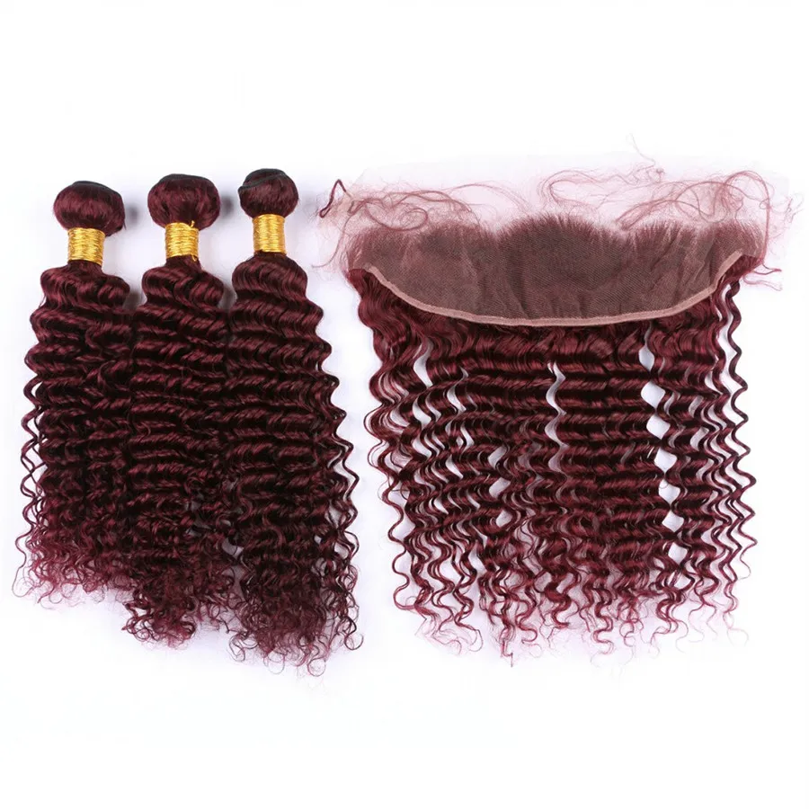 Djupvåg 99j Hårbuntar med spets frontlinstängning Brasilianska Virgin Burgundy Deep Curly Human Hair Weaves With Wine Red Lace Frontal