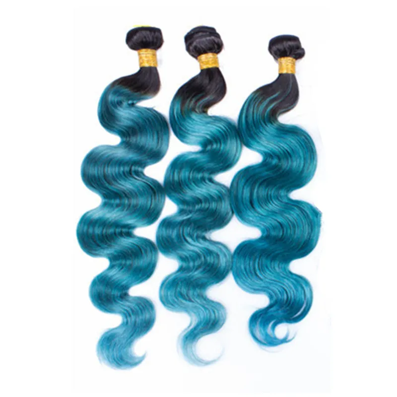 Tissage de cheveux ondulés deux tons bleu ombré 1B avec fermeture supérieure, racines foncées, partie libre bleue ombrée, fermeture en dentelle avec faisceaux de cheveux