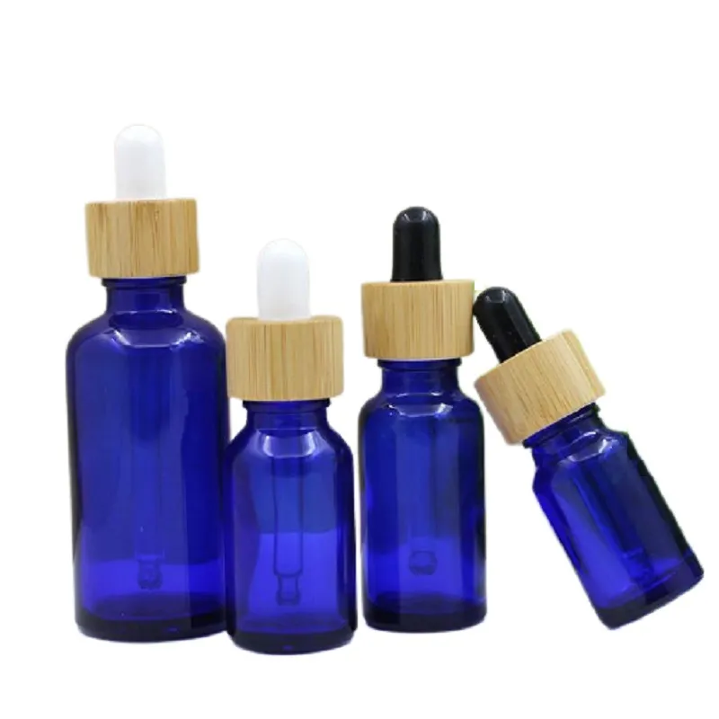 Empty Blue Glass Essential Oil Dropper Bottle Bamboo Woode Ring Lid Portable Cosmetic Packaging Vials Refillable Container 5ml 10ml 15ml 20ml 30ml 50ml 100ml