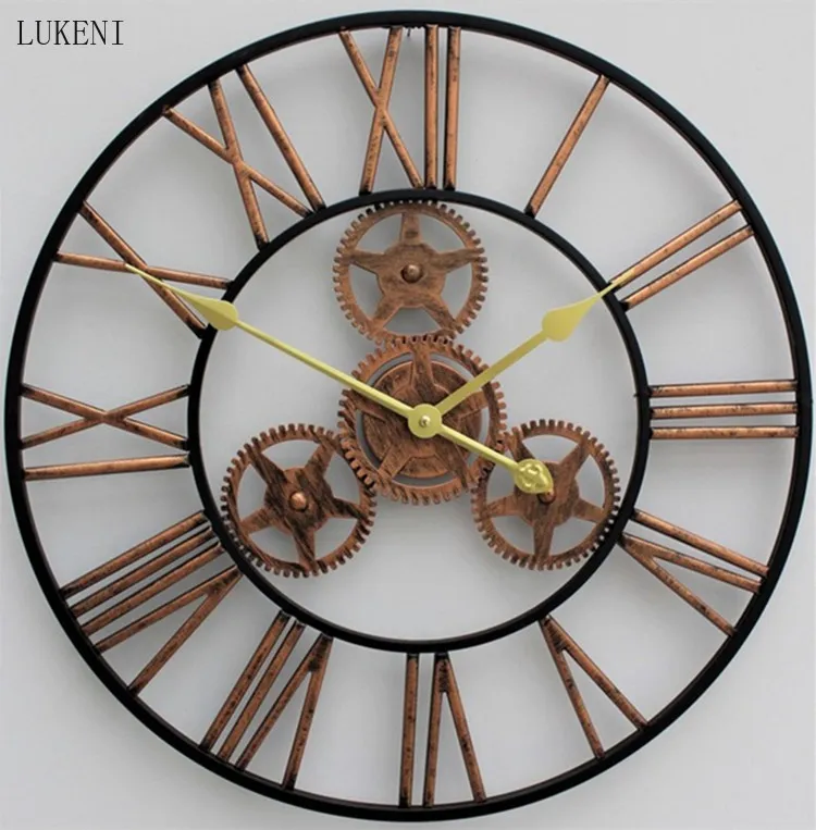 Retro Metal American Living Room Study Round Gear Wall Clock 210414