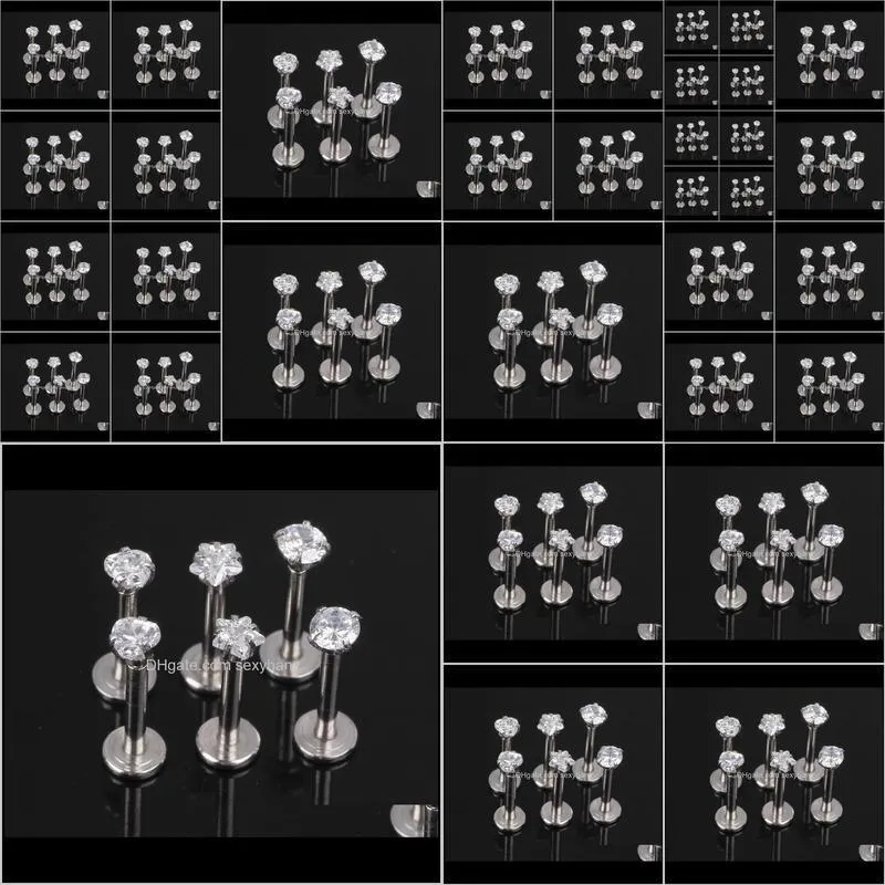 1.2x8x3mm 16g silver internally threaded prong gem labret lip piercing zircon labret ring tragus earring