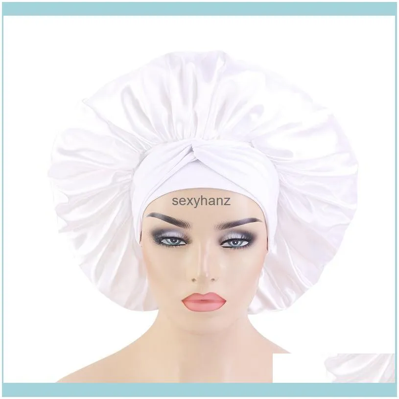 Extra Large Solid Satin Bonnet with Wide Stretch Ties Long Hair Care Cap Women Night Sleep Hat Adjust Silky Head Wrap Shower Cap