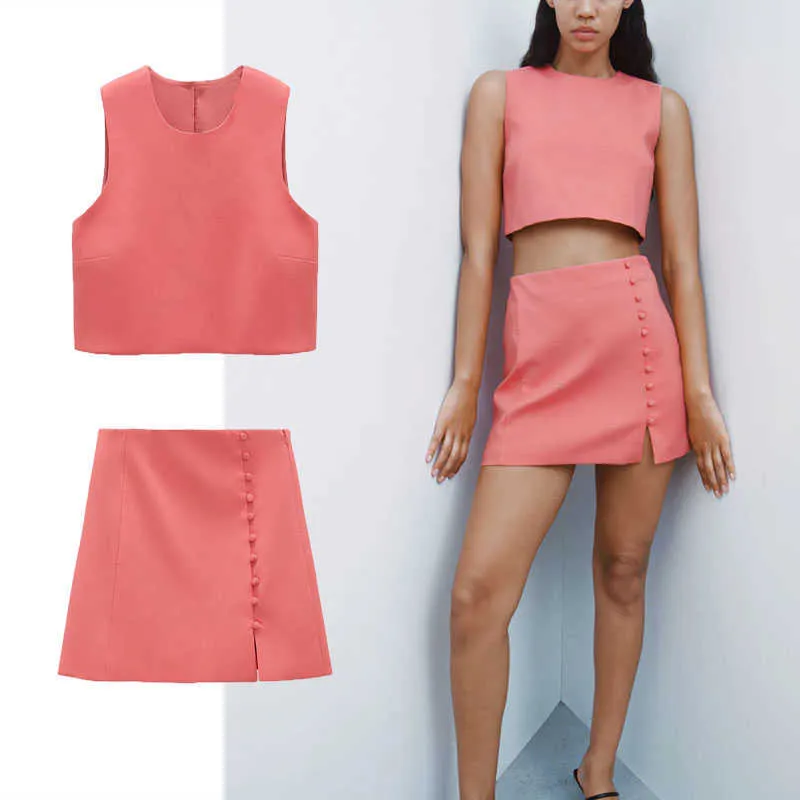 ZA rosa cortado verão top mulheres mangas o pescoço botão traseiro botão vintage blusa feminino moda alta rua slim camisa 210602