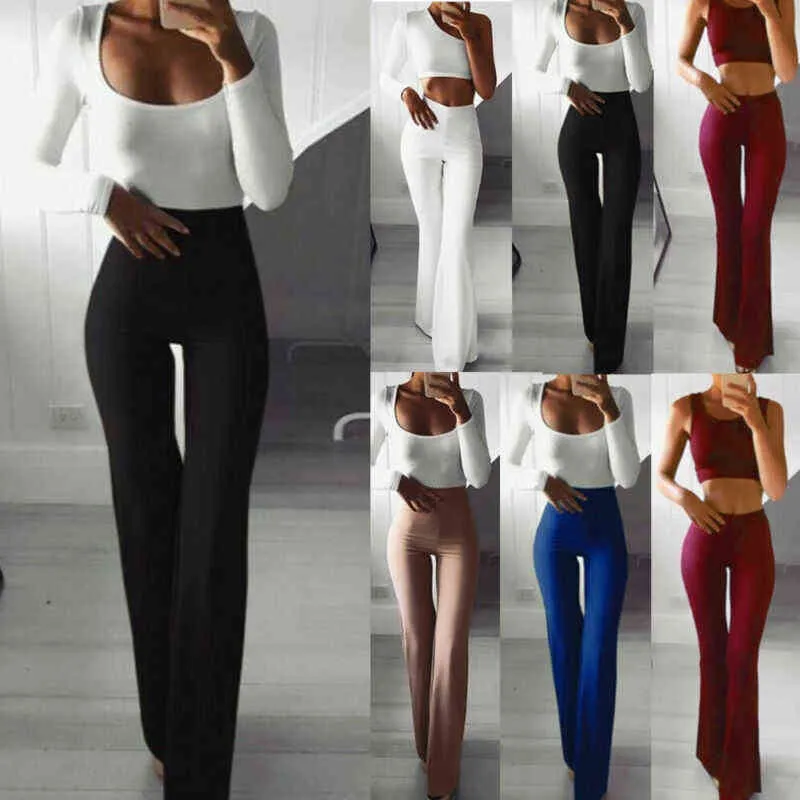 Womens Solid High Waist Flare Wide Leg Lady Trousers Bell Bottom Yoga Pants 2021 H1221