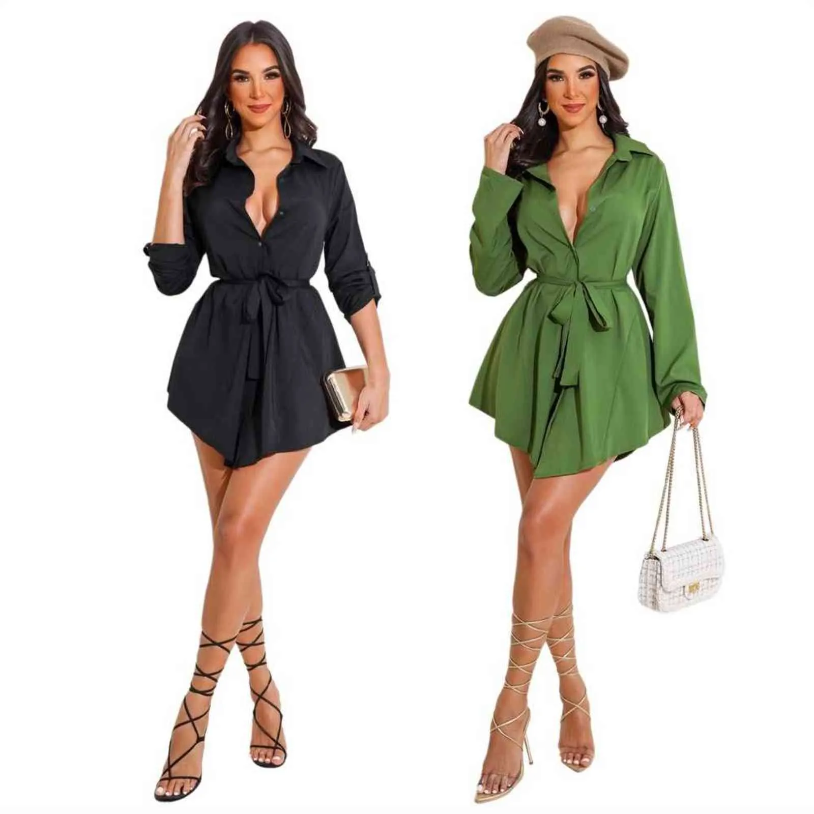 2021 Fall Women Green Sexy Mini Dress Casual Long Sleeve Shirt Dress Fashion Single-Breasted Turn-down Collarn Long Blouses