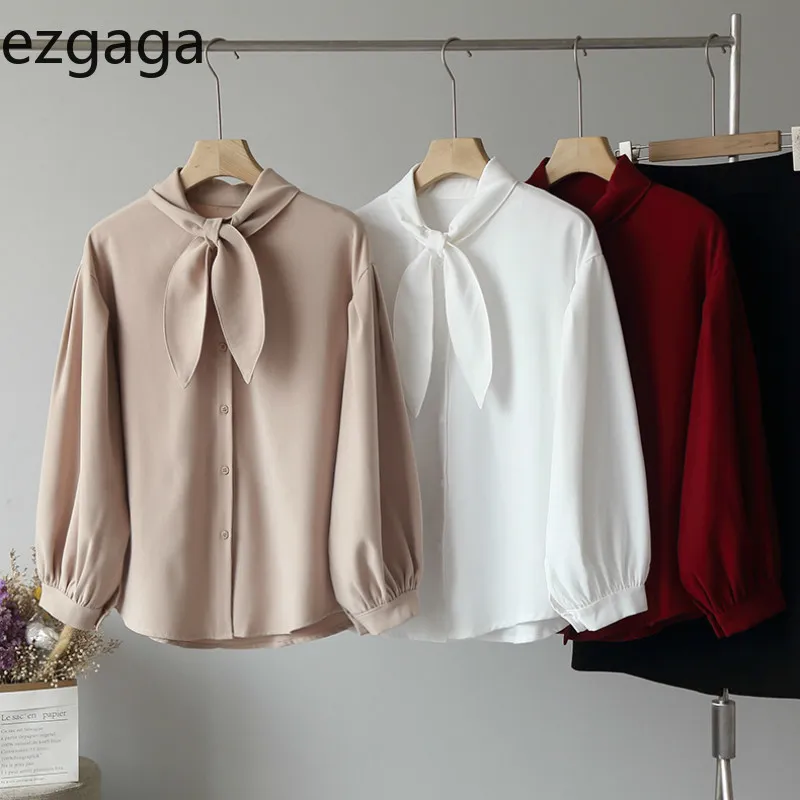 Ezgaga Femmes Blouses Automne Nouveau Style Dames Solid Bow Manches Longues Tops Lâches Bureau Lady Chemises Simple Mode Élégant 210430