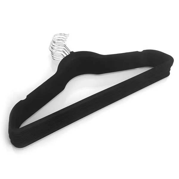Premium sammet hängare svarta krokar, 10 pack svarta hängare utan glidutrymme Spara klädhängare, slitstarka tunga kostymhängare