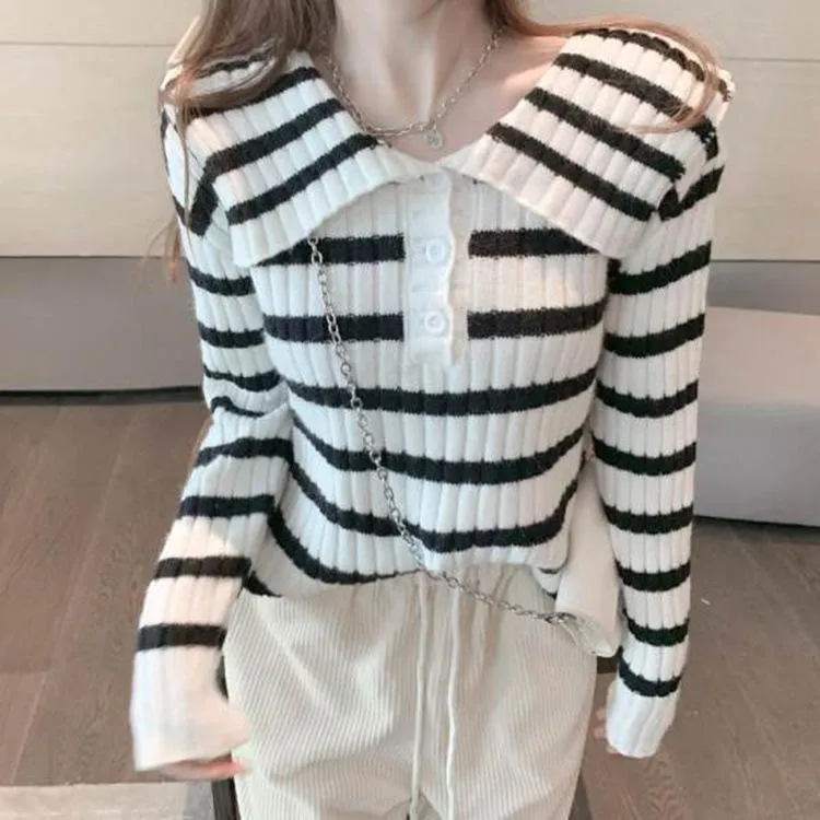 Womens Sweaters Simple Striped Sleeve Shawl Doll Collar Sweater Top Women Korean Style Slim Lazy Fashion