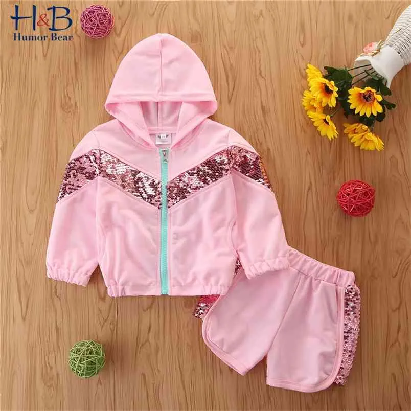 Spring Girl Clothes Set Outfits Hooded Sequins Zipper Coat+Shorts 2pcs Bling 210611
