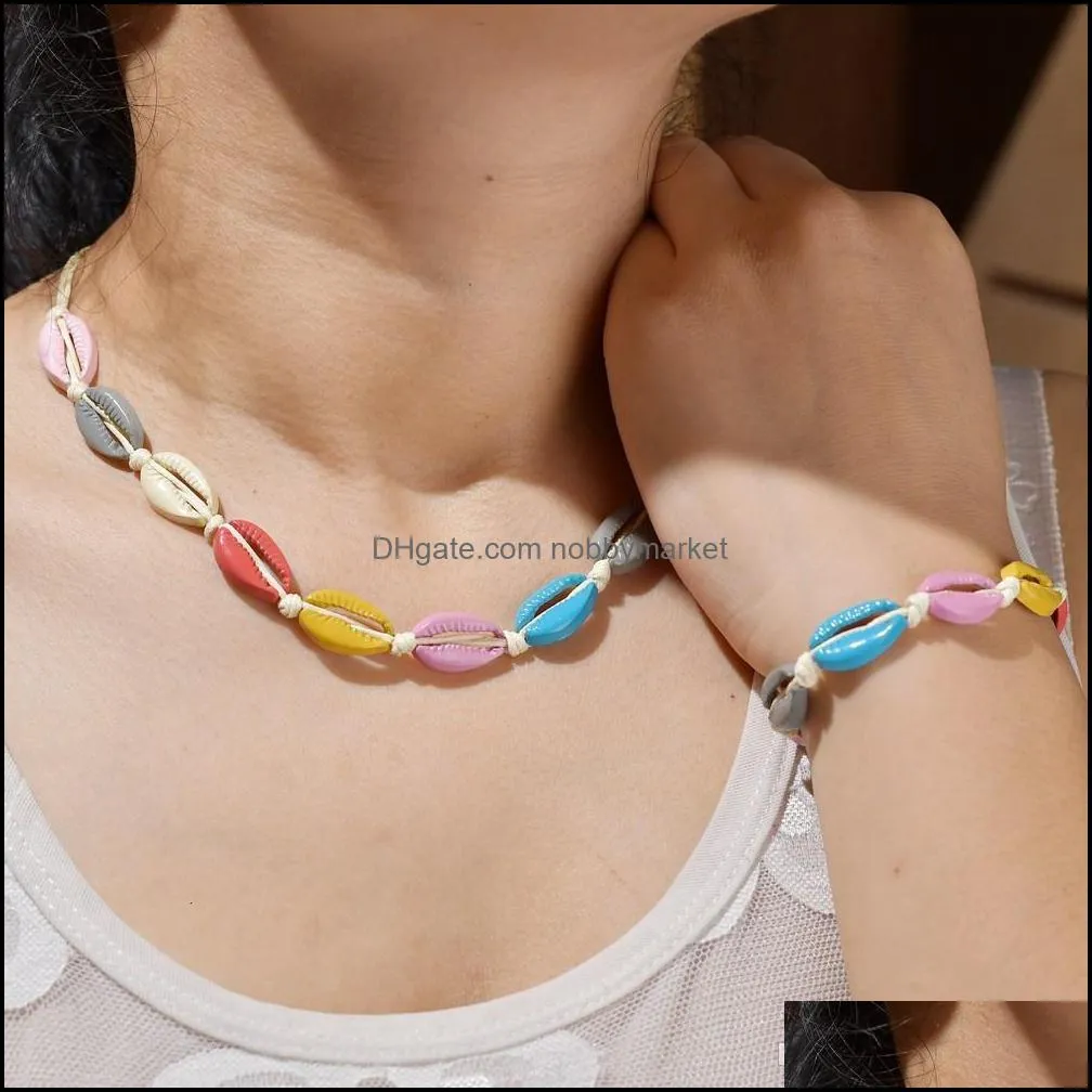 Women Shell Jewelry Ornaments Drop Paint Draw Alloy Shell Necklace Bohemian Wind Manual Weave Shell Bracelet