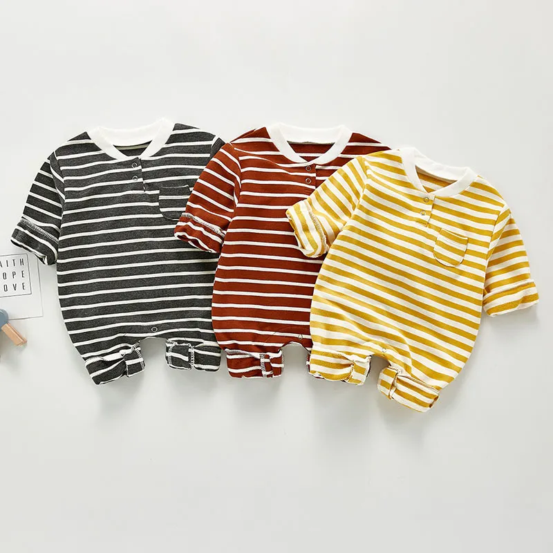 0-3Yrs born Boys Stripe Pocket Combinaisons Vêtements Printemps Automne Bébé Barboteuses À Manches Longues Enfants 210429