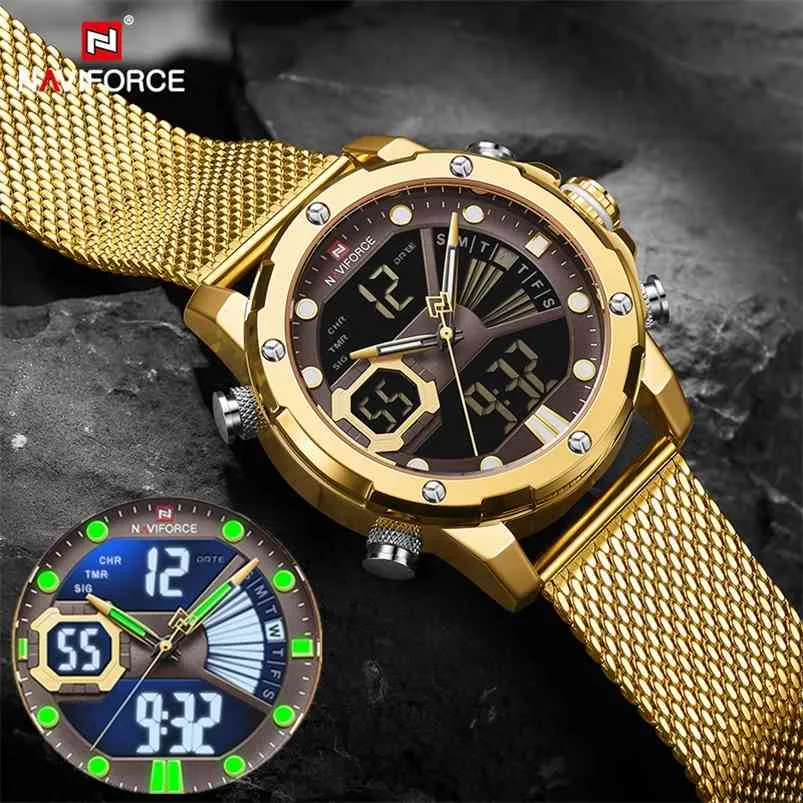 Naviforce Mens Sport Zegarki Luxury Gold Quartz Stal Pasek Wodoodporna Wojskowa Wojskowa Wrist Watch Clock Relogio Masculino 210804