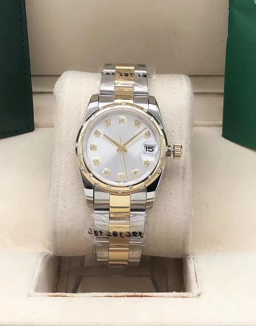 Wysokiej jakości złota moda 31mm kobiet zegarki damy sukienka bransoletka zegarek ze stali nierdzewnej Data pierścienia diamentowego Automatyczne mechaniczne pudełko na rękę