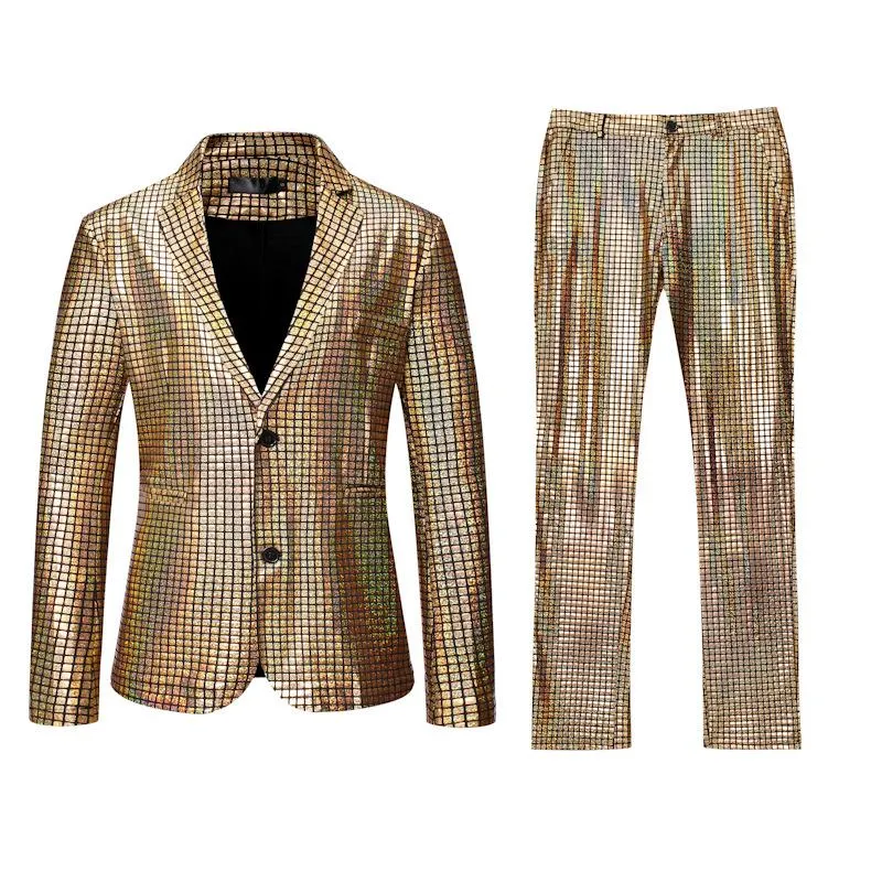 Gold Plaid Sequin Glitter Suit Men Wedding Groom Tuxedo Suits Mens ...