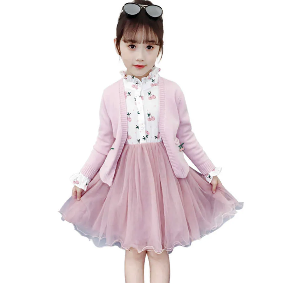 女の子チェリードレス+セーター子供のメッシュガールセット春秋の衣装210528