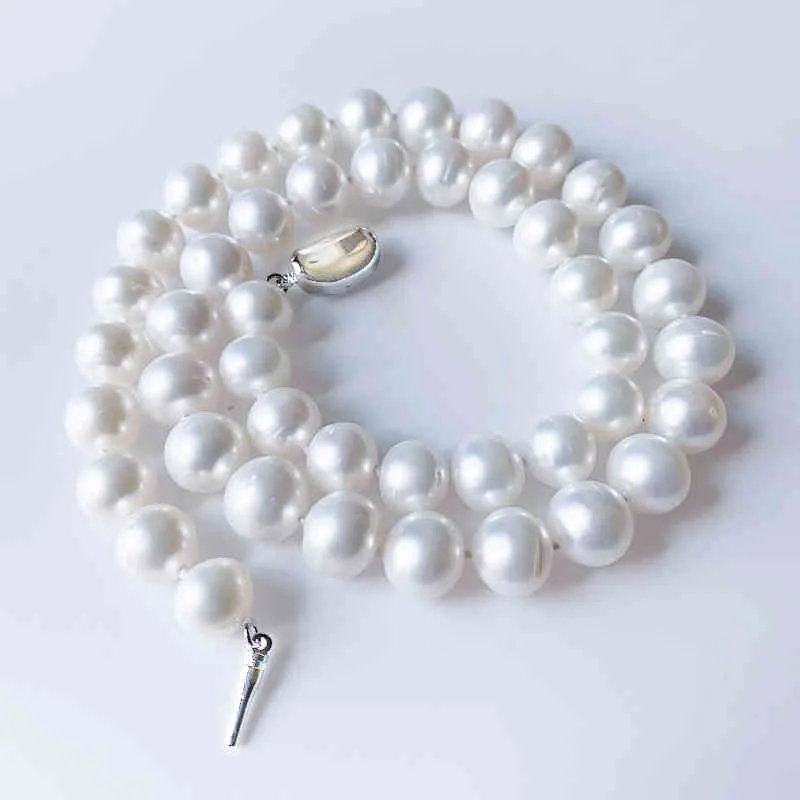 Biały naszyjnik 10-11mm Naturalne słodkowodne Perły Biżuteria 925 Sterling Silver Chokers Naszyjniki Dla Kobiet Moda Prezent