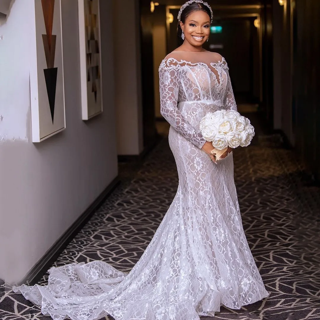 Afrikanska sjöjungfru bröllopsklänningar Sheer Long Sleeve Lace Fashion Bridal Dress Andra receptionen Gäster Vestido de Novia