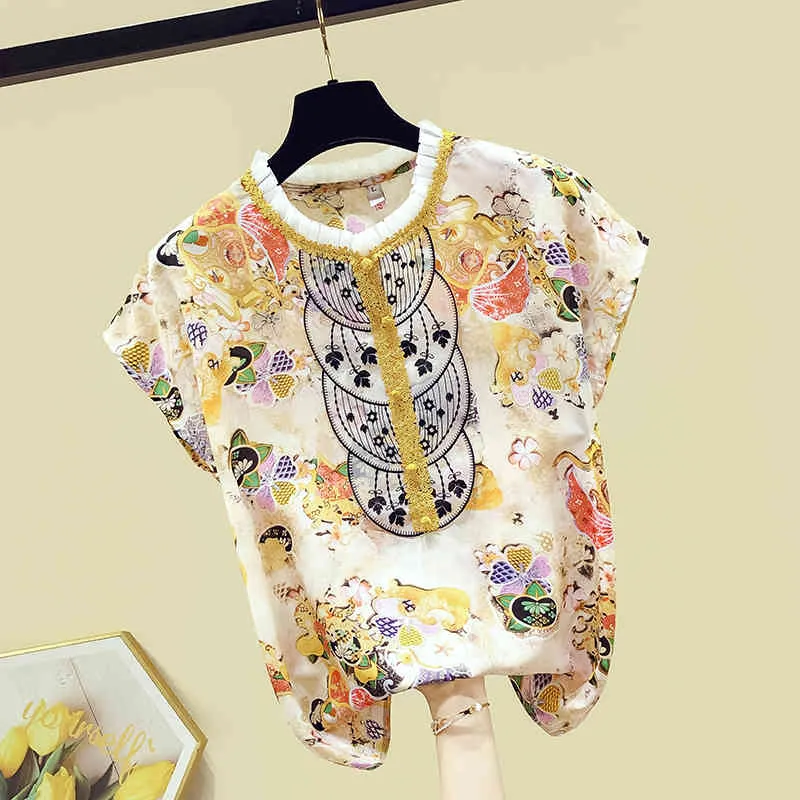 Китайский ретро стиль печати рубашки женские короткие рукава кружева и оборки воротник шифоновая рубашка женская блузка топы Blusas a3437 210428