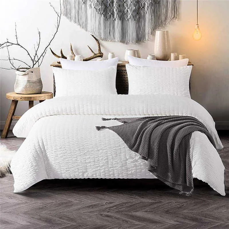 Set copripiumino bianco grigio solido Set biancheria da letto in microfibra lavata Seersucker Twin singolo matrimoniale Queen King Size per bambini Adulti 210706