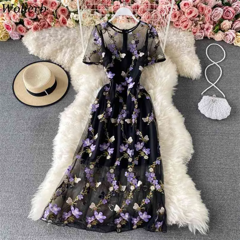 Suknia wieczorowa dla kobiet Floral Butterfly Haft Sukienki Mesh Wysoka talia Summer Koreański Eleganckie Vestidos Chic 210519