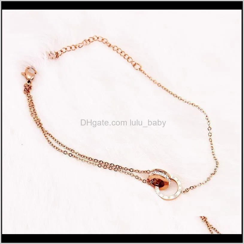 rose gold double ring roman digital white diamond titanium steel anklet female korean version sexy ankle chain student foot jewelry