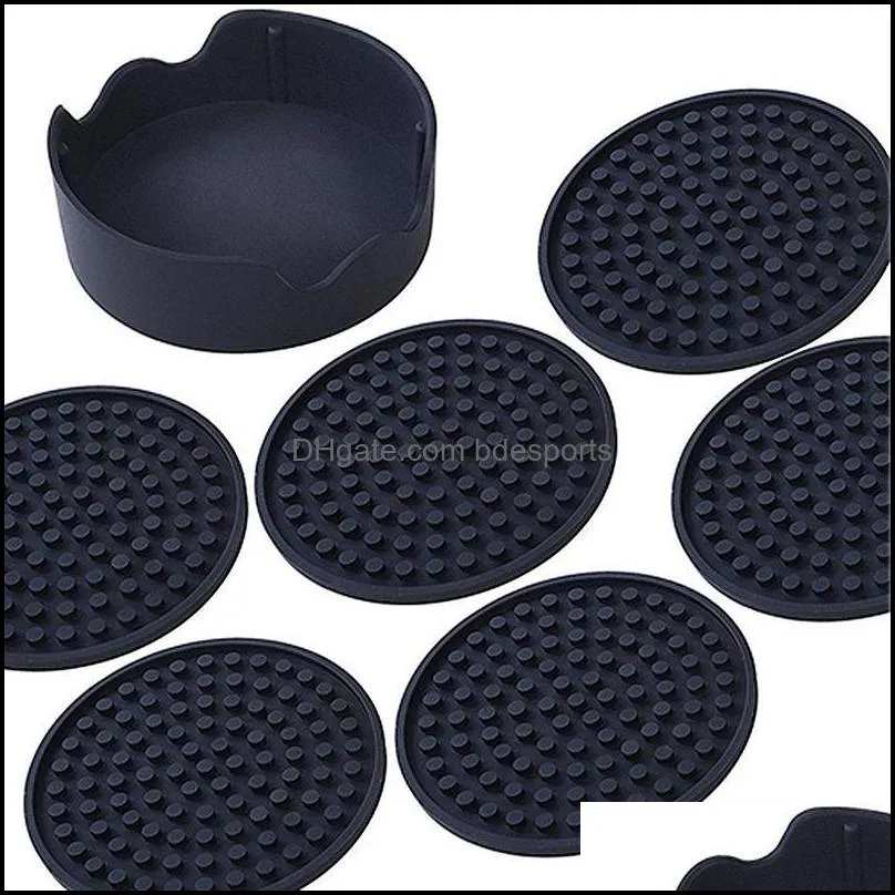 4.3inch 6pcs/set Black Round Silicone Drink Coasters Cup Mat Cup Costers Tableware with holder 60pcs