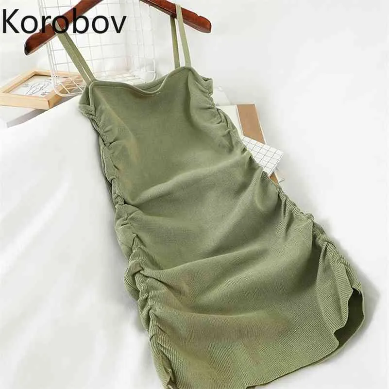 Korobov sommar spaghetti band klänningar söt a-line robe femme koreanska casual sexig stickad mini klänning femme 210430