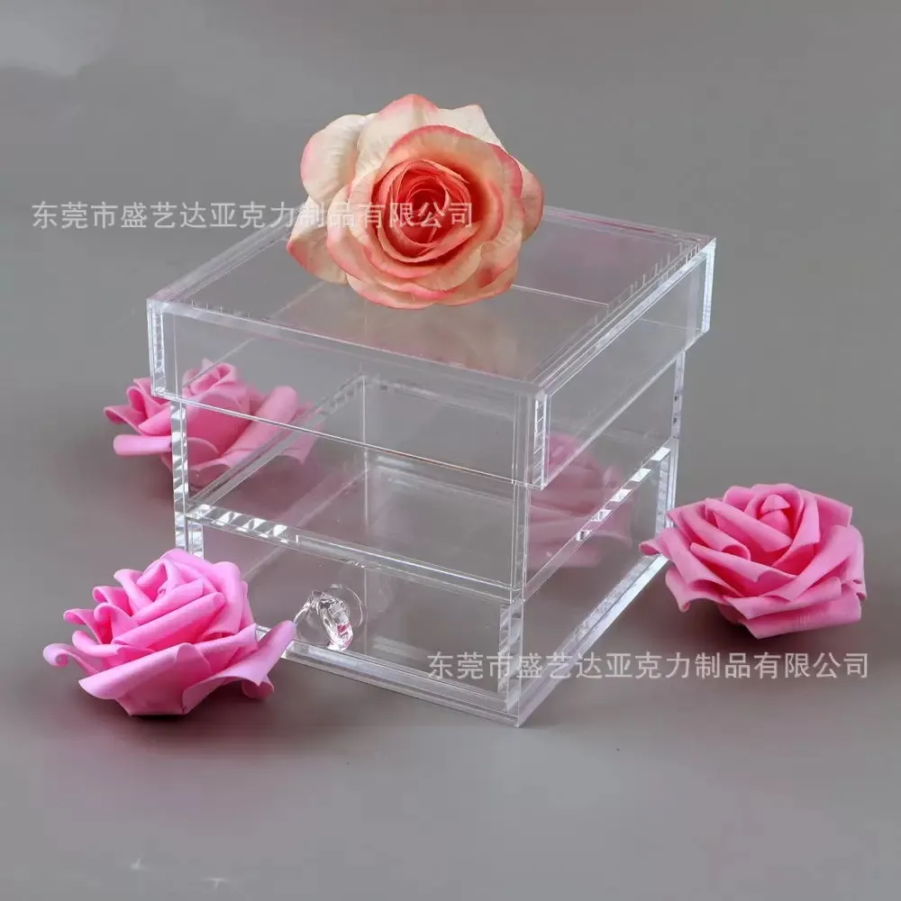 Rose Flower Storage Box With Lid Acrylic Transparent Makeup Organizer Cosmetic Case Holder For Valentine'S Day Wedding Gift Box