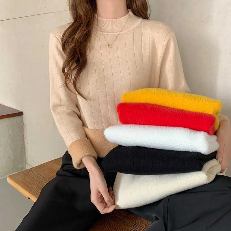 Ly Varey Lin Jesień Winter Women Fashion Casual sweter Top Plush Grube Mock Neck Długi Rękaw Slim Solid Color Downing Koszula 210526