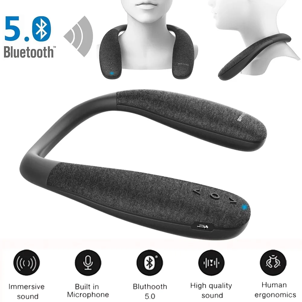 Nackenbügel-Lautsprecher, kabelloser tragbarer Lautsprecher mit echtem 3D-Stereo-Sound, komfortables Design, integriertes Bluetooth 5.0-Mikrofon, Outdoor-Sportspiel-Lautsprecher, Ventilator zum Aufhängen am Hals